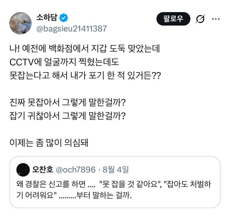 CCTV에 도둑 얼굴까지 찍혔는데도 못 잡는다 하고 카드 도난 당해서 긁고다닌 놈 집까지 알아냈는데도 못 잡는다고 함의 내용을 보여주는 이미지