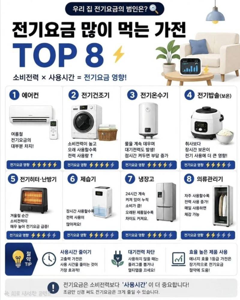 전기요금 많이 먹는 가전 TOP 8의 내용을 보여주는 이미지