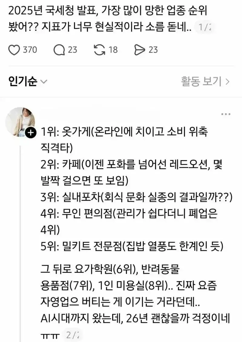국세청 피셜 작년에 많이 접은 업종의 내용을 보여주는 이미지
