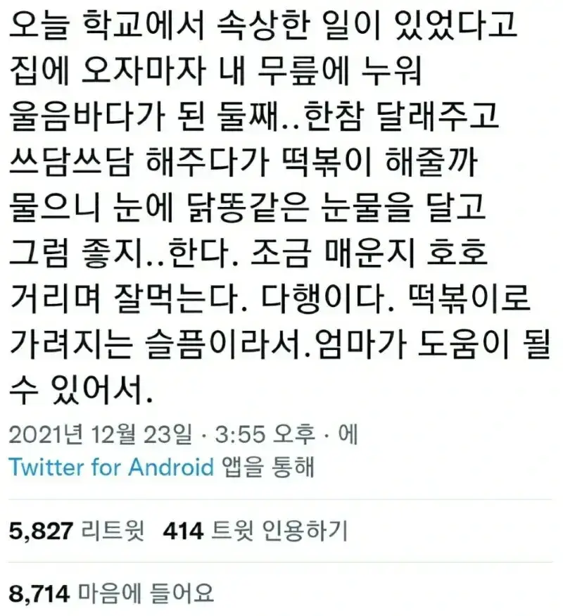 떡볶이로 달래지는 슬픔이래서 다행이다의 내용을 보여주는 이미지
