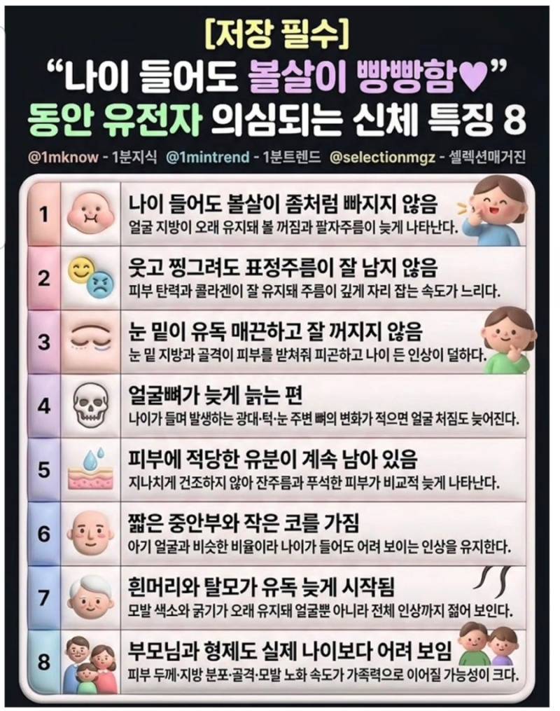 진짜 동안의 특징 TOP 8의 내용을 보여주는 이미지