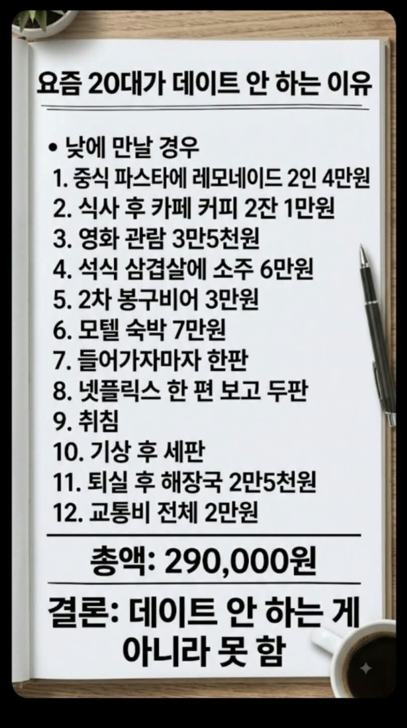 요즘 20대 남녀가 데이트 안 하는 이유라는데...의 내용을 보여주는 이미지