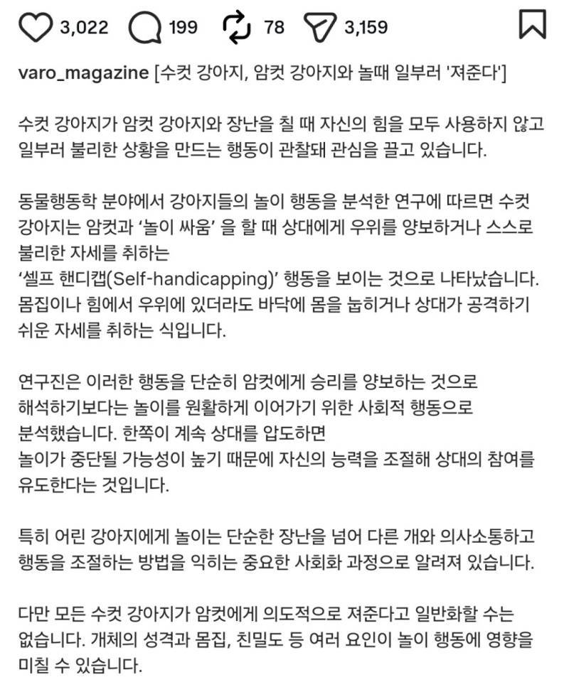 수컷 강아지, 암컷 강아지와 놀때 일부러 '져준다'의 내용을 보여주는 이미지 관련 이미지 2
