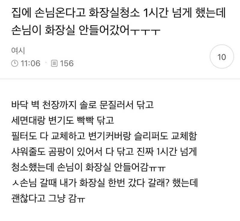 집에 손님 온다고 화장실 청소 1시간 넘게 했는데 손님이 화장실 안 들어갔어ㅜㅜ의 내용을 보여주는 이미지