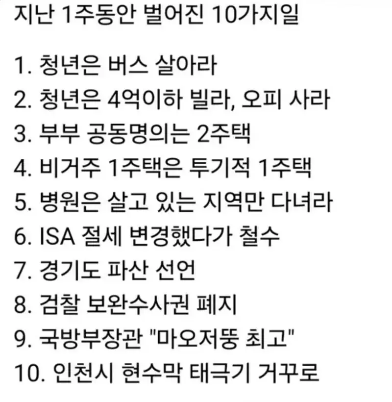 지난 일주일 동안 벌어진 10가지 일의 내용을 보여주는 이미지