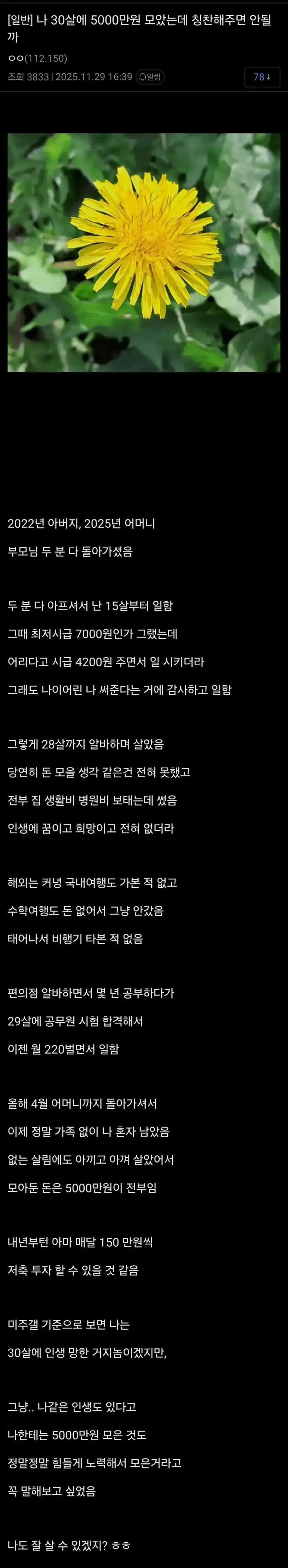 30살에 5,000만원 모았다고 칭찬해달라는 사람의 내용을 보여주는 이미지