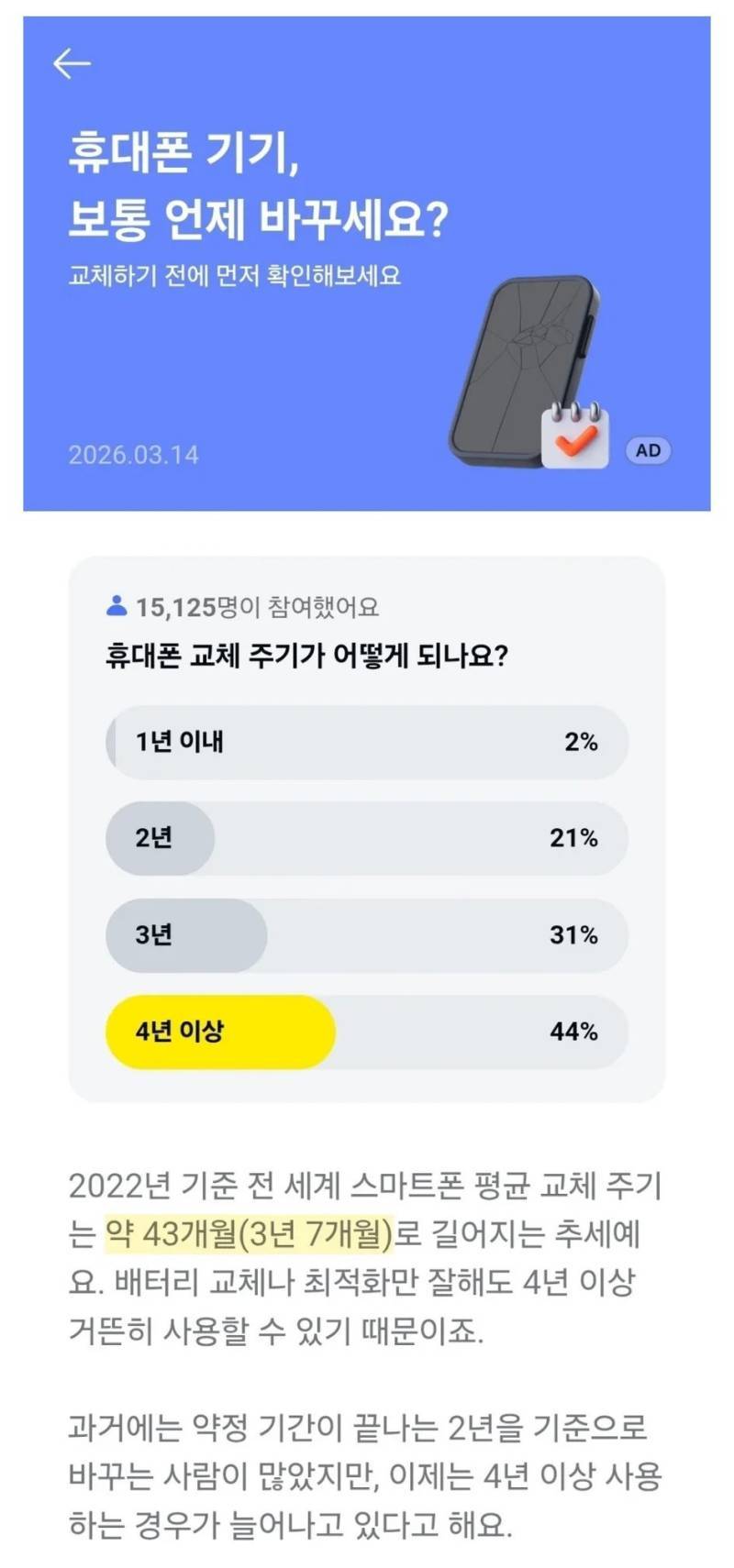 핸드폰 교체 주기가 점점 길어지고 있다고 함의 내용을 보여주는 이미지