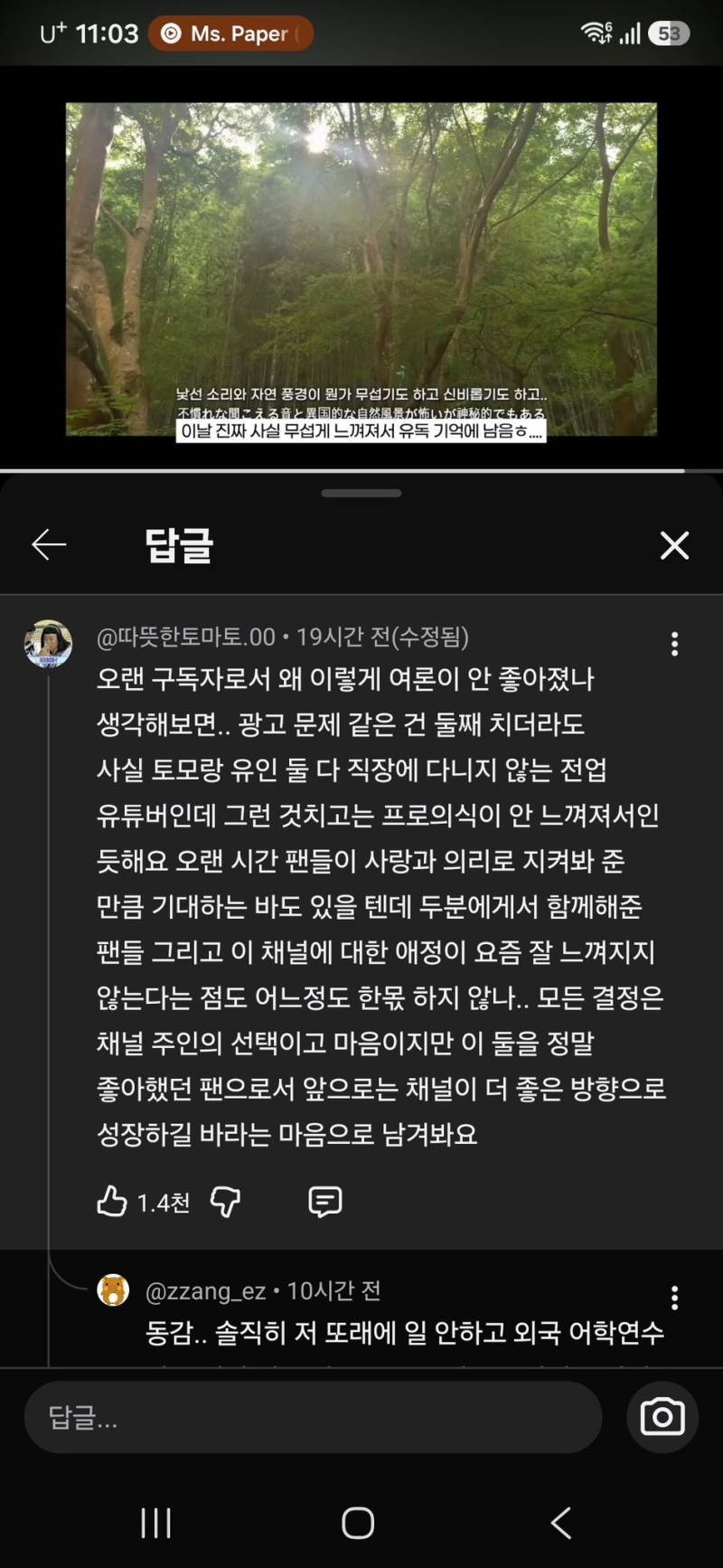 토모토모 오랜만에 봣는데 댓글 여론이 안좋네...의 내용을 보여주는 이미지