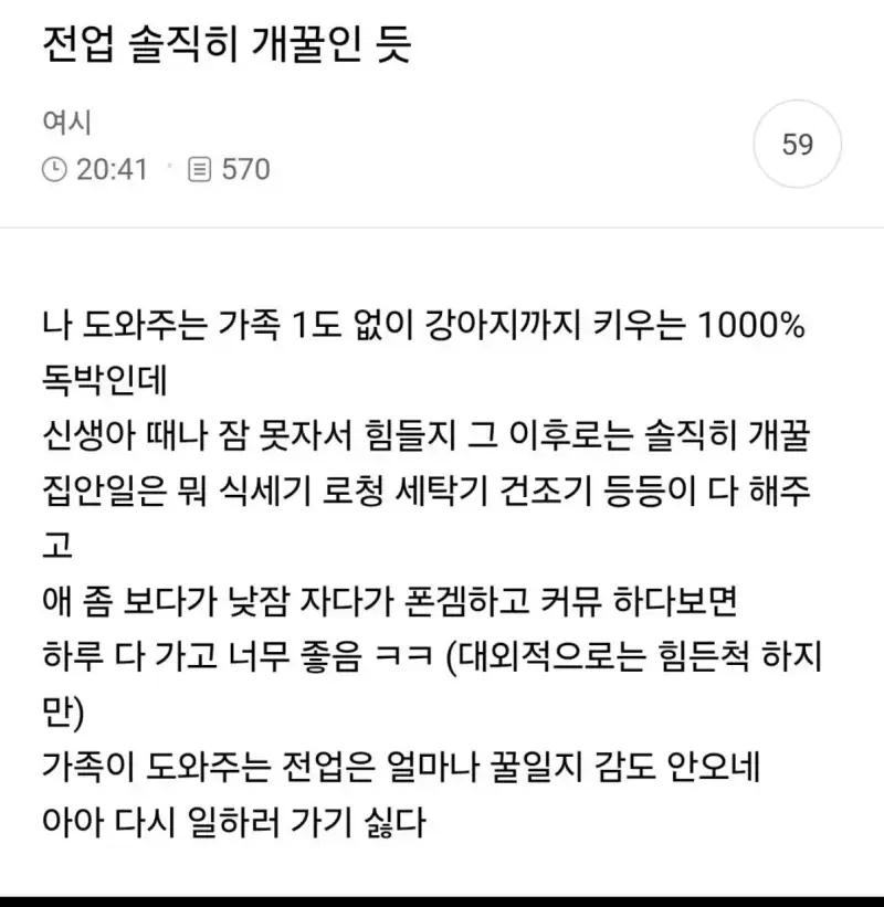전업 육아가 개꿀이라는 언냐의 내용을 보여주는 이미지