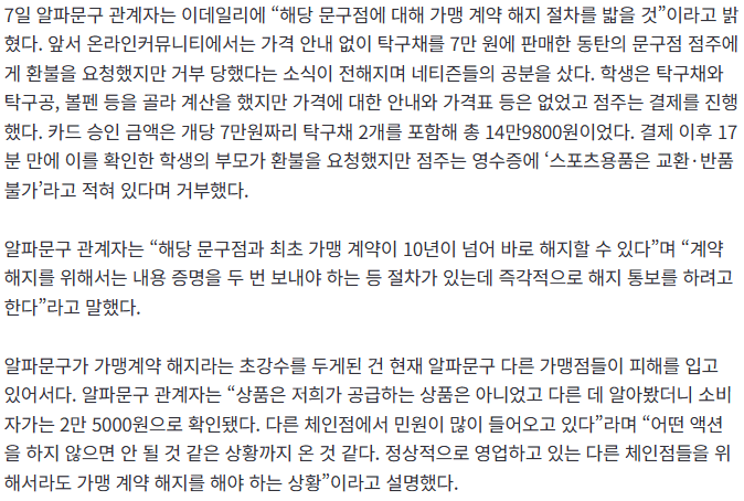 개당 2만원대 탁구채 7만원에 팔고 환불 거절한 문구점 결국 알파문구 본사가 가맹 계약 해지하기로 함의 내용을 보여주는 이미지 관련 이미지 2