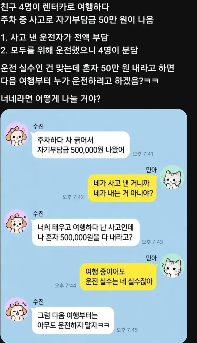 4명이서 랜트카 빌렸는데 사고가 남의 내용을 보여주는 이미지