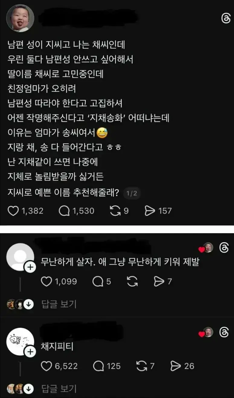 남편 성이 지씨고 난 채씨인데 아기 성을 채씨로 고민 중이야의 내용을 보여주는 이미지