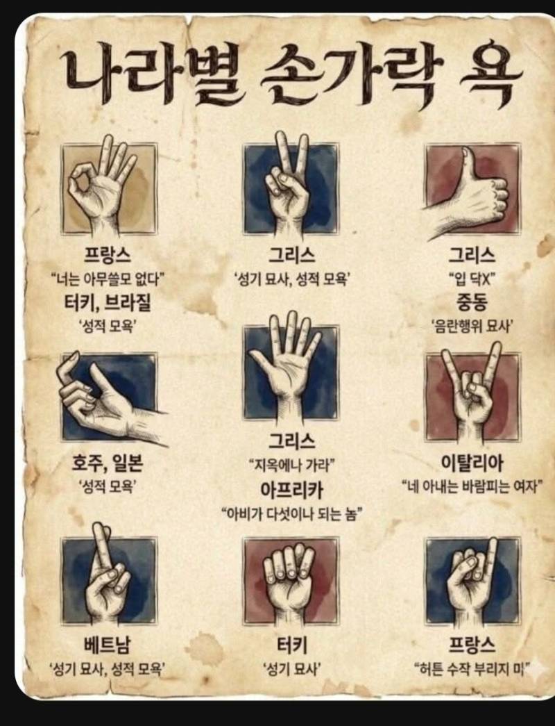 나라별 손가락 욕설의 내용을 보여주는 이미지