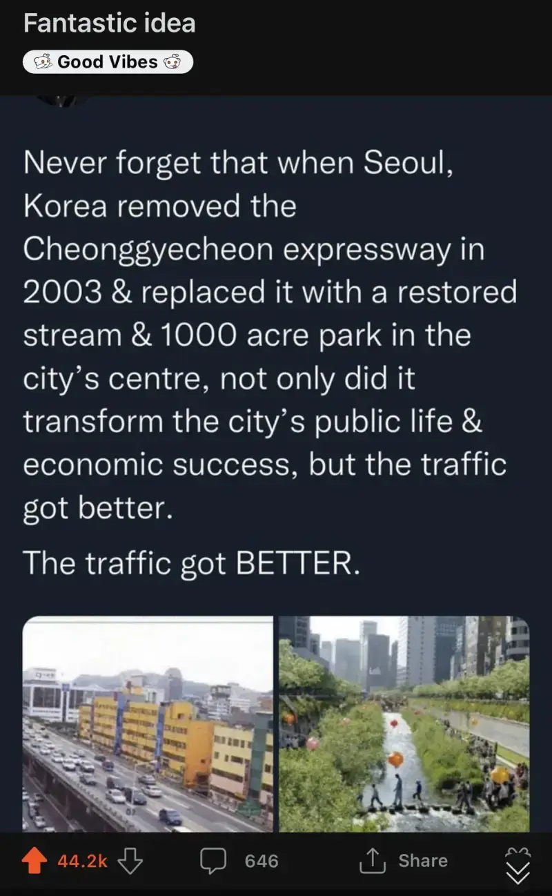 레딧에서 인기글 먹은 청계천 복원사업의 내용을 보여주는 이미지