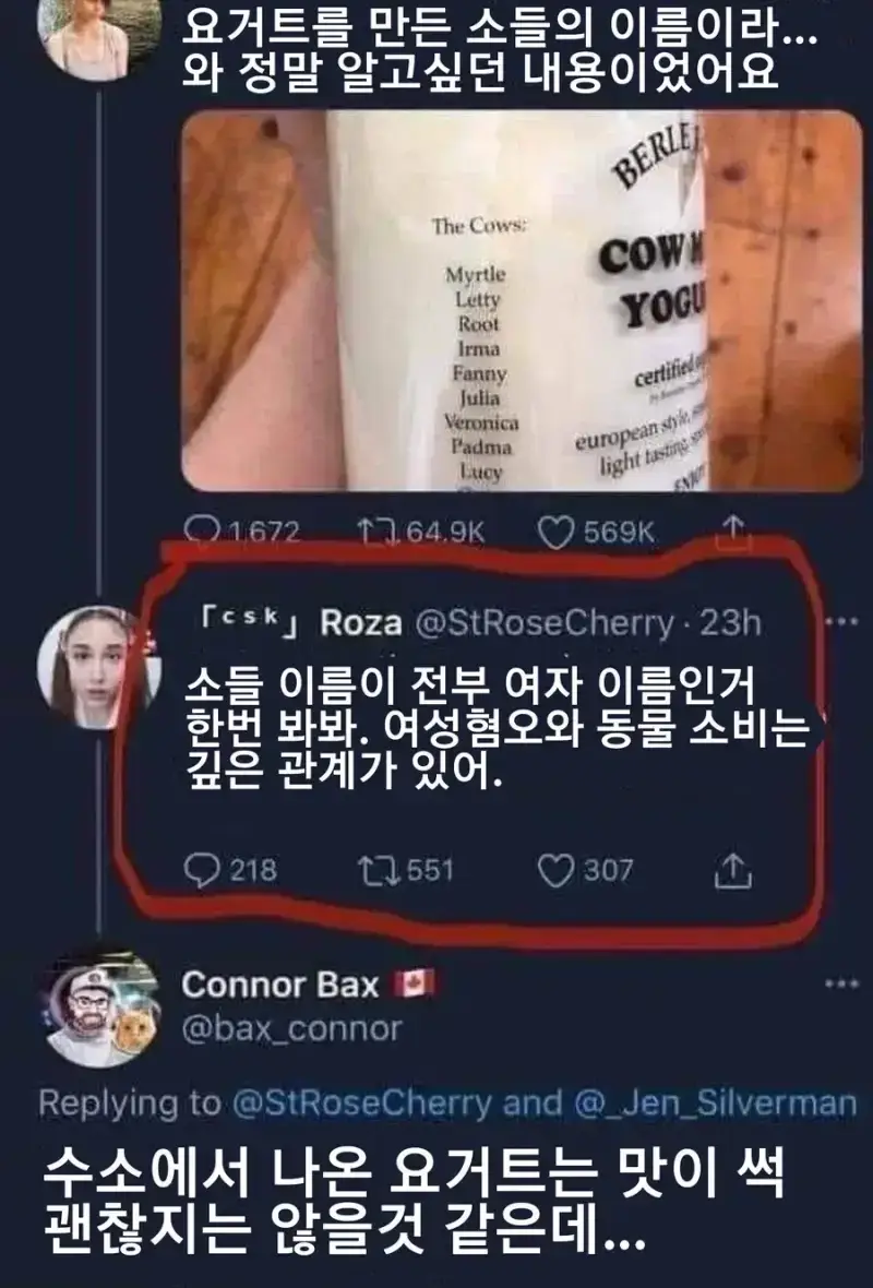요거트를 만든 소들의 이름의 내용을 보여주는 이미지
