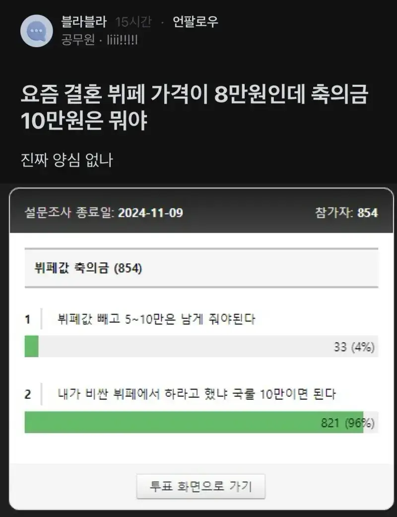 결혼 부페 가격이 8만인데 축의금 10만원은 뭐야??의 내용을 보여주는 이미지
