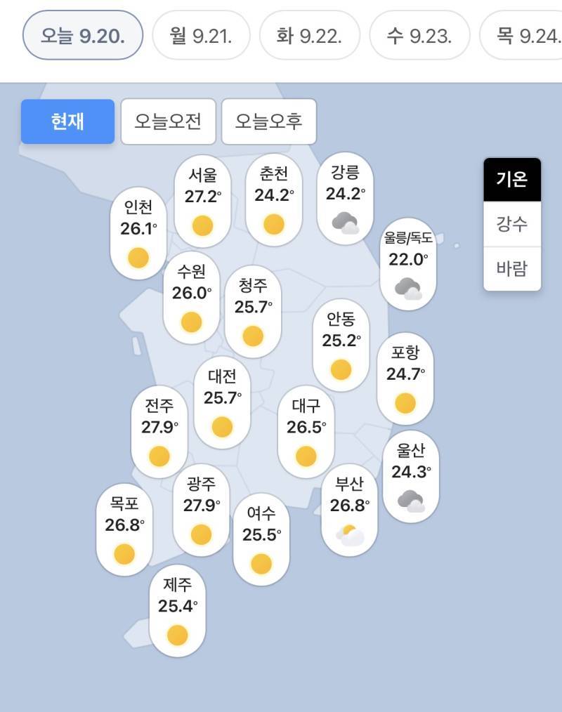 실시간 전국 기온의 내용을 보여주는 이미지