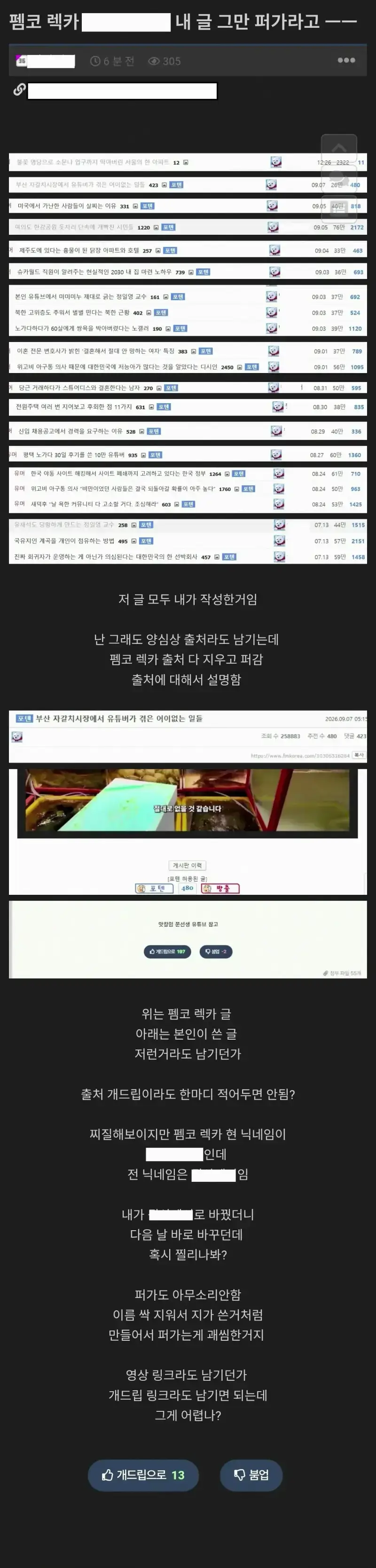 참다 참다 펨코 렉카 저격한 개드립 유저의 내용을 보여주는 이미지