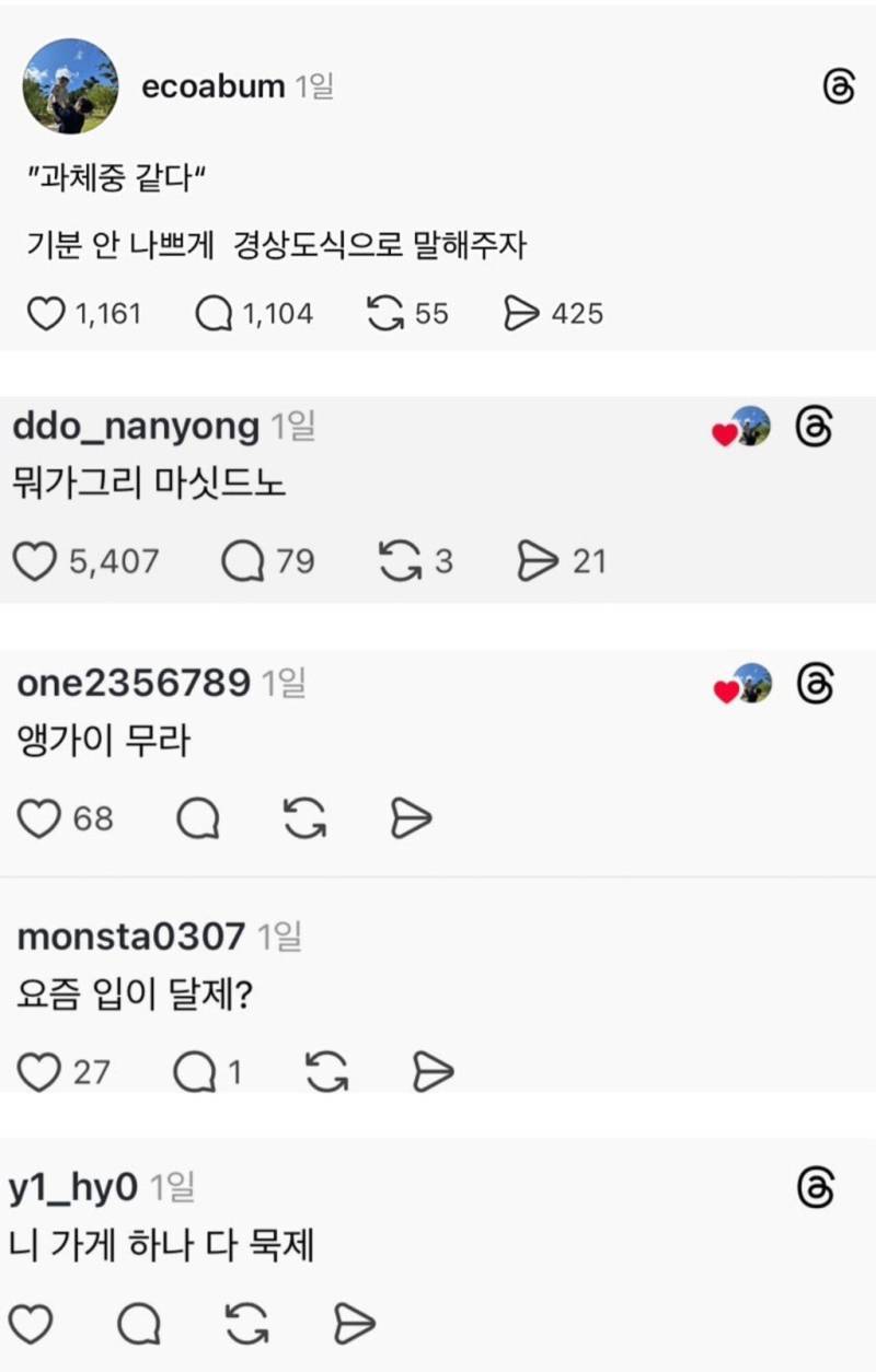 "과체중 같다"를 기분 안나쁘게 경상도식으로의 내용을 보여주는 이미지