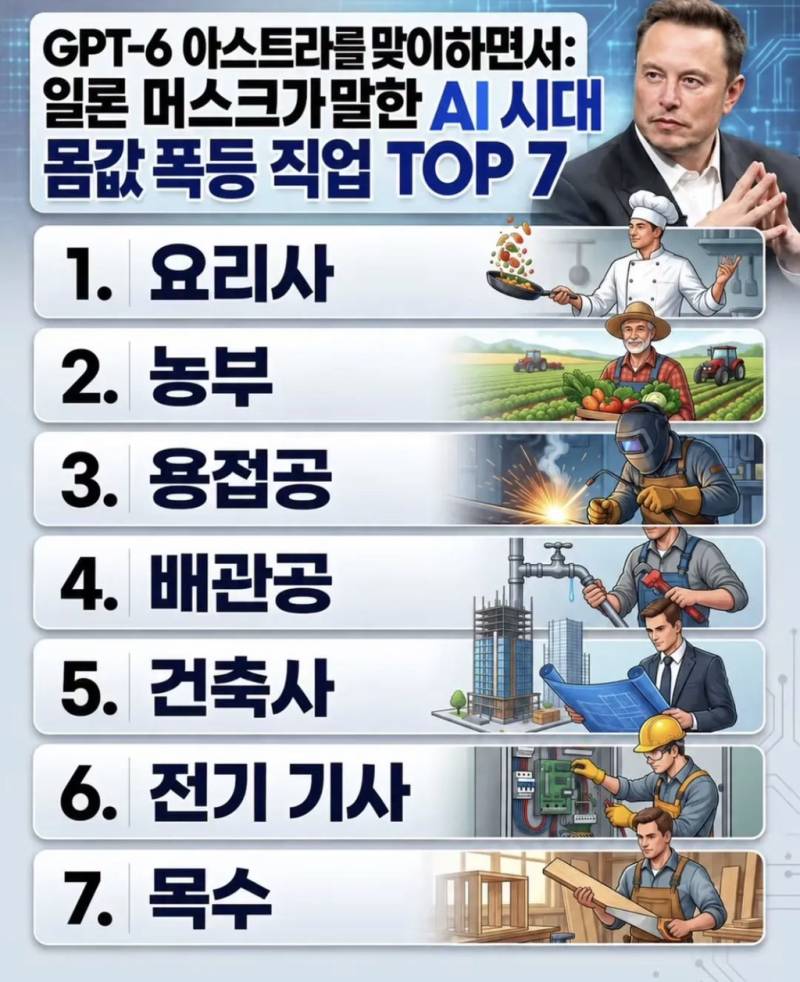 일론머스크가 말한 AI시대 몸값 폭등 직업 Top7의 내용을 보여주는 이미지