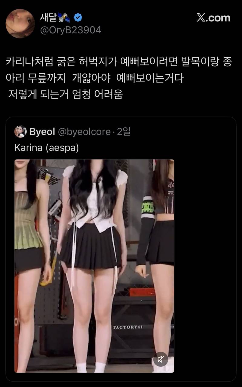 굵은 허벅지가 예뻐보이려면 발목이랑 종아리 무릎까지 개얇아야 예뻐보이는거다의 내용을 보여주는 이미지