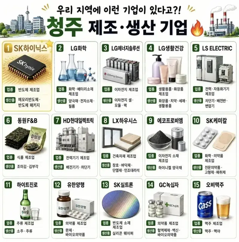 청주에 있는 대표 대기업 & 중견기업들의 내용을 보여주는 이미지