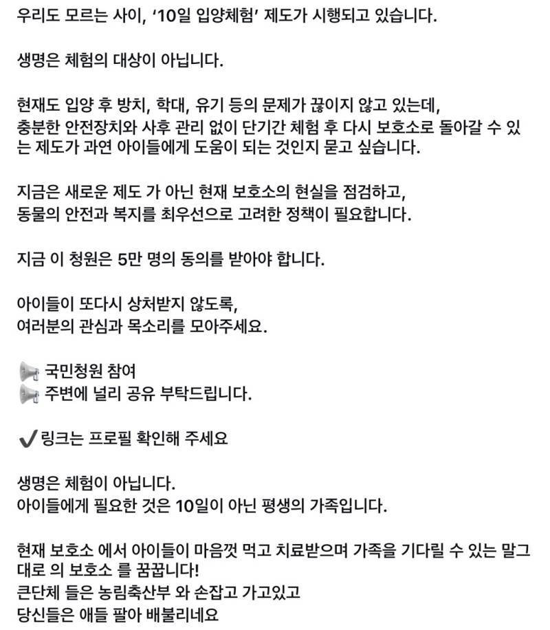 아무런 안전 대책 없이 유기동물을 10일 간 개인에게 보내는 '예비입양' 제도를 만들겠대 (중지청원)의 내용을 보여주는 이미지