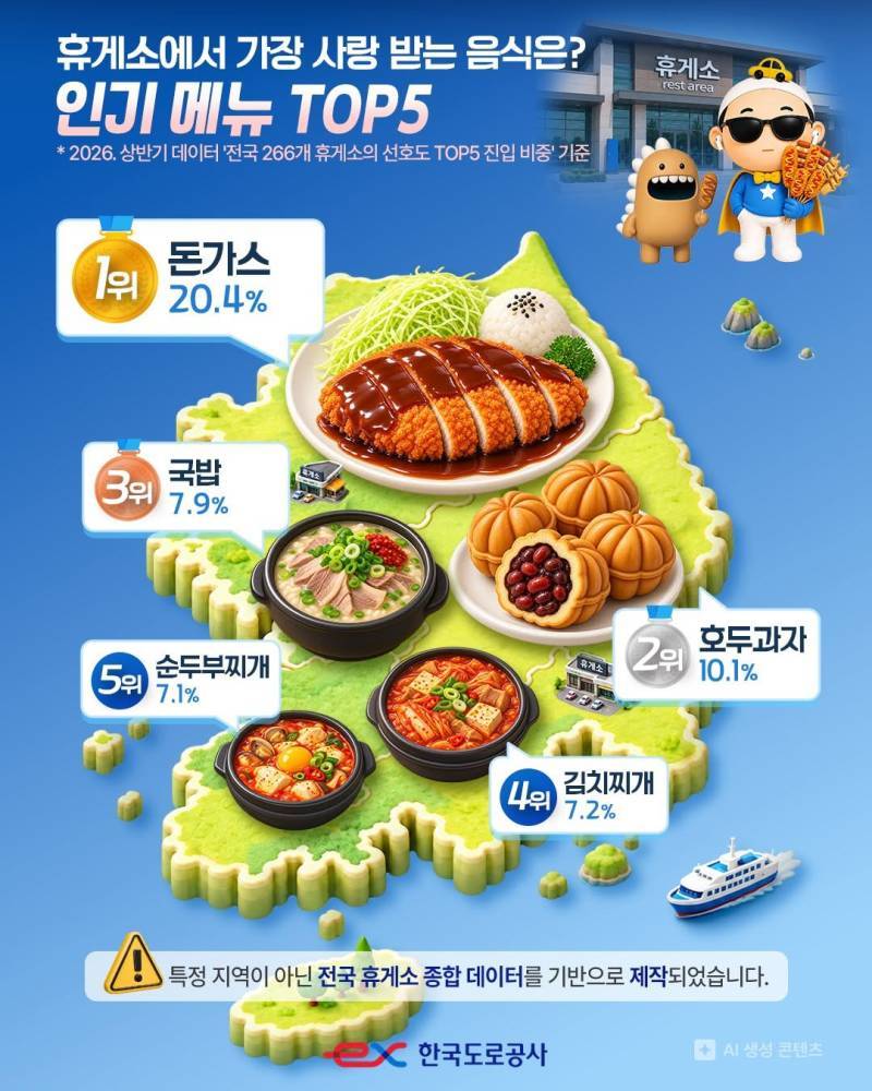 고속도로 휴게소 인기 메뉴 TOP5의 내용을 보여주는 이미지