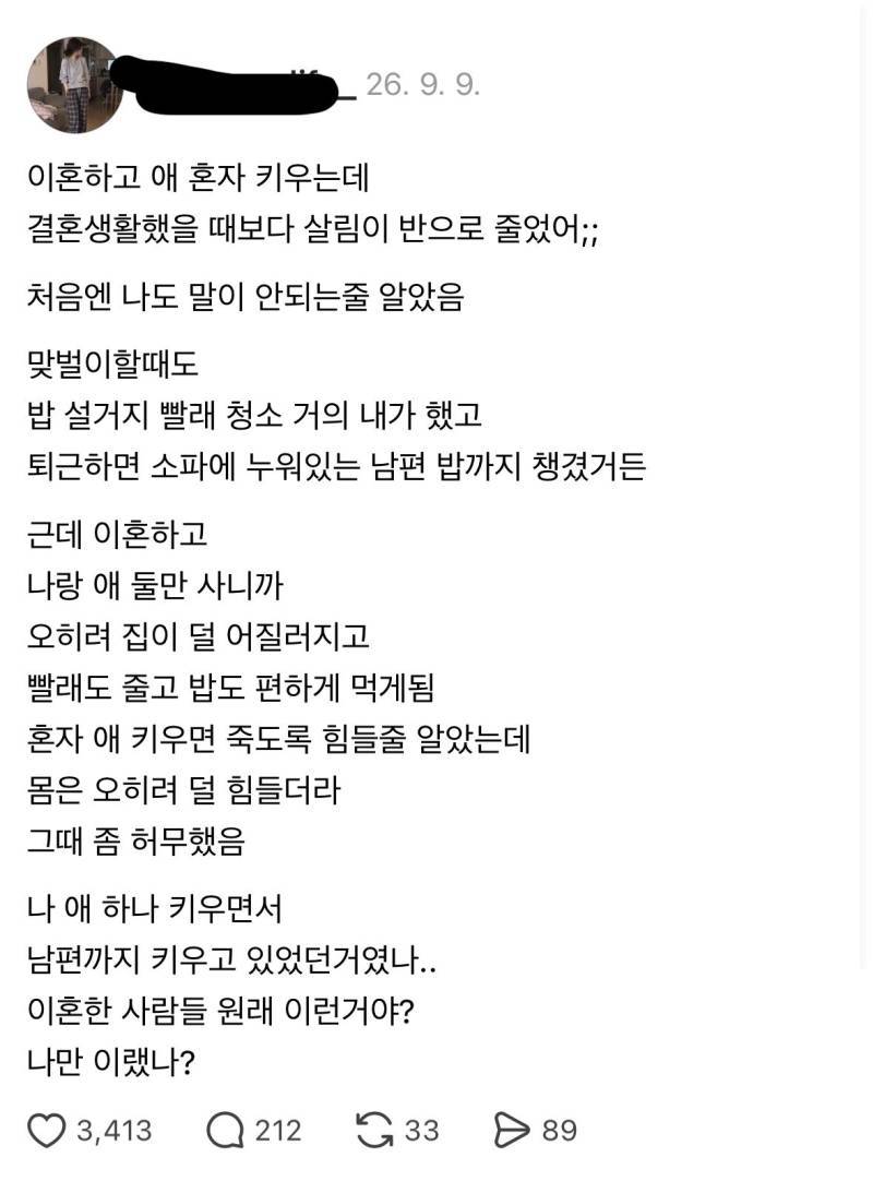 이혼하고 애 혼자 키우는데 결혼생활했을 때보다 살림이 반으로 줄었어;의 내용을 보여주는 이미지