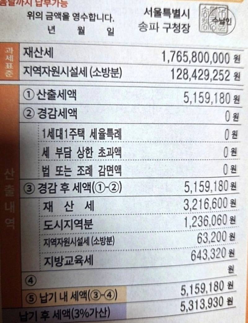 시세 55억이라는 잠실 르엘 48평 재산세의 내용을 보여주는 이미지