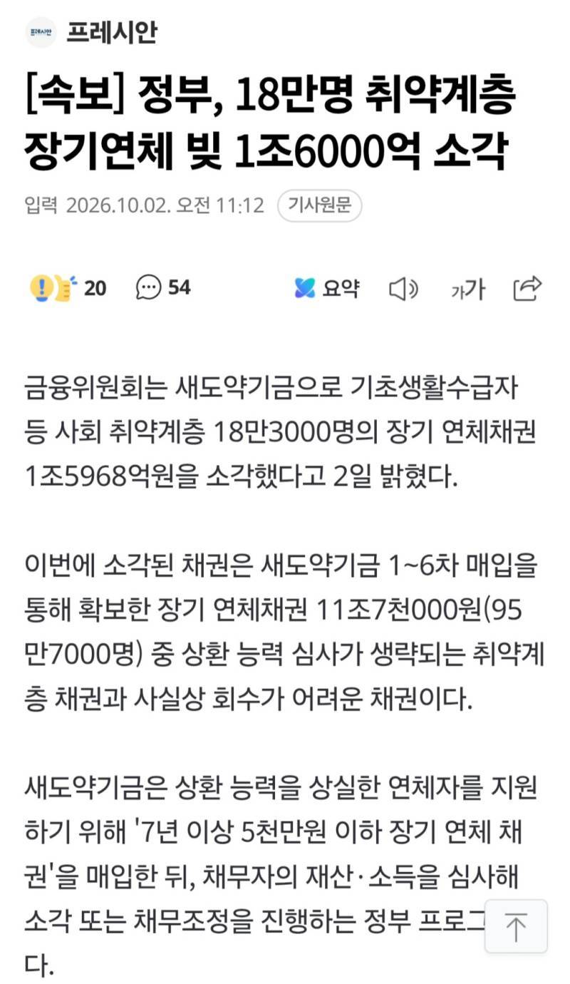 정부, 18만명 취약계층 장기연체 빚 1조6000억 소각의 내용을 보여주는 이미지
