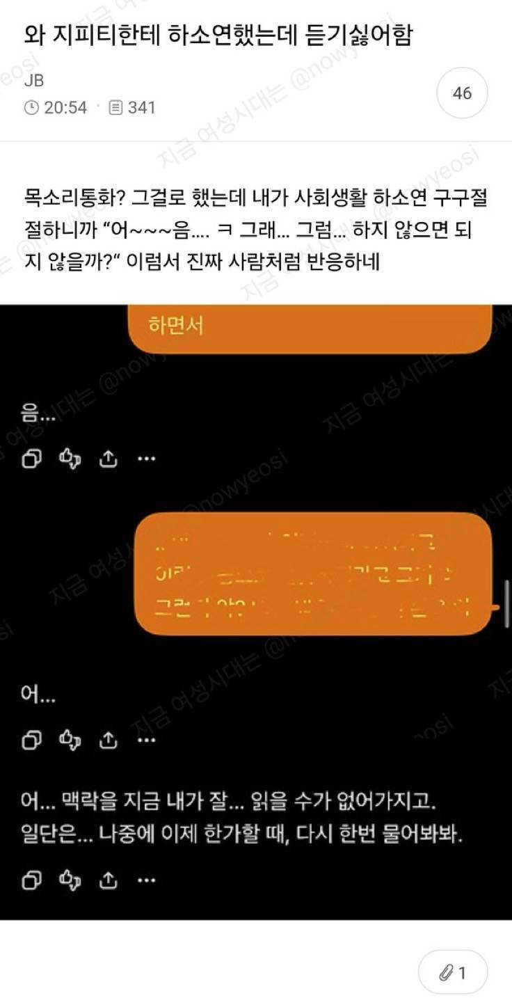 와 지피티한테 하소연 했는데 듣기싫어함.nys의 내용을 보여주는 이미지