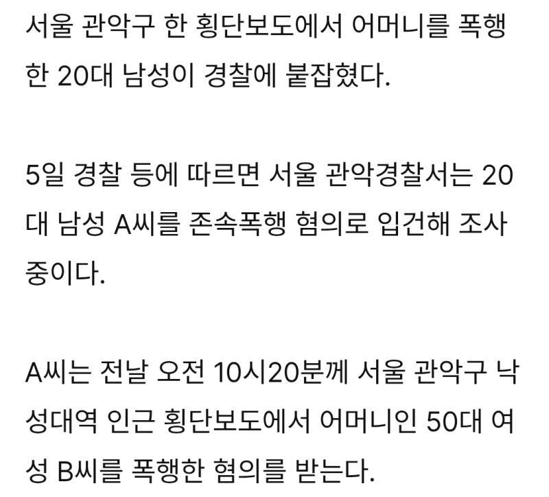낙성대역 횡단보도서 어머니 폭행한 20대 현행범 체포의 내용을 보여주는 이미지 관련 이미지 2