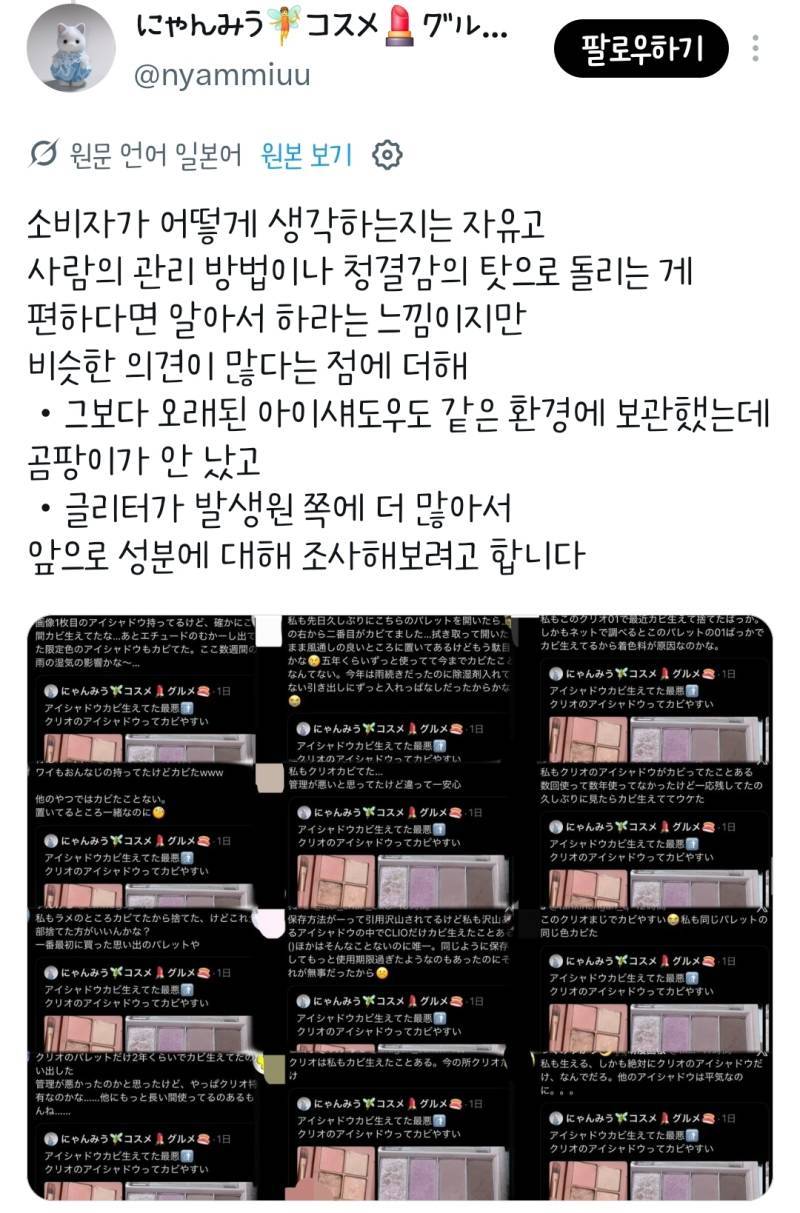 클리오 아이섀도우에 곰팡이가 피었다는 일녀의 내용을 보여주는 이미지 관련 이미지 20