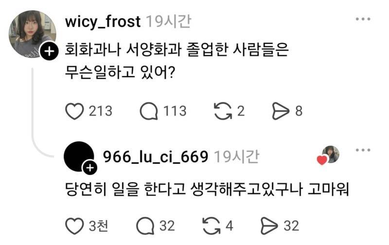 회화과나 서양화과 졸업한 사람들은 무슨일하고 있어?의 내용을 보여주는 이미지