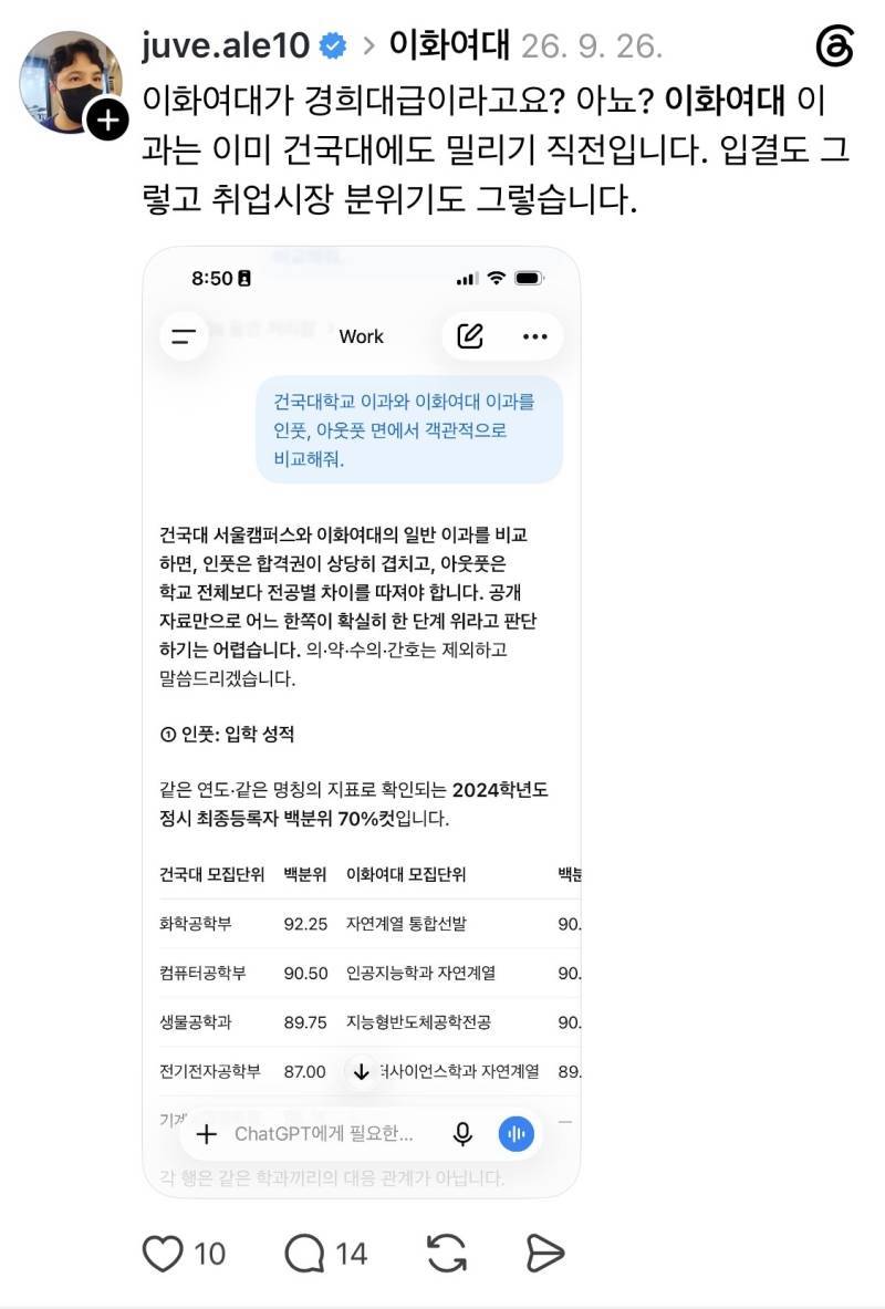 쓰레드에서 핫했던 이화여대 후려치기의 내용을 보여주는 이미지