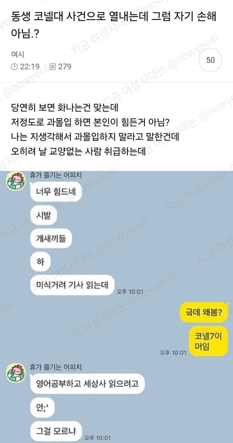 동생 코넬대 사건으로 열내는데 그럼 자기손해 아님? 저정도로 과몰입 하면 본인이 힘든거 아님?의 내용을 보여주는 이미지