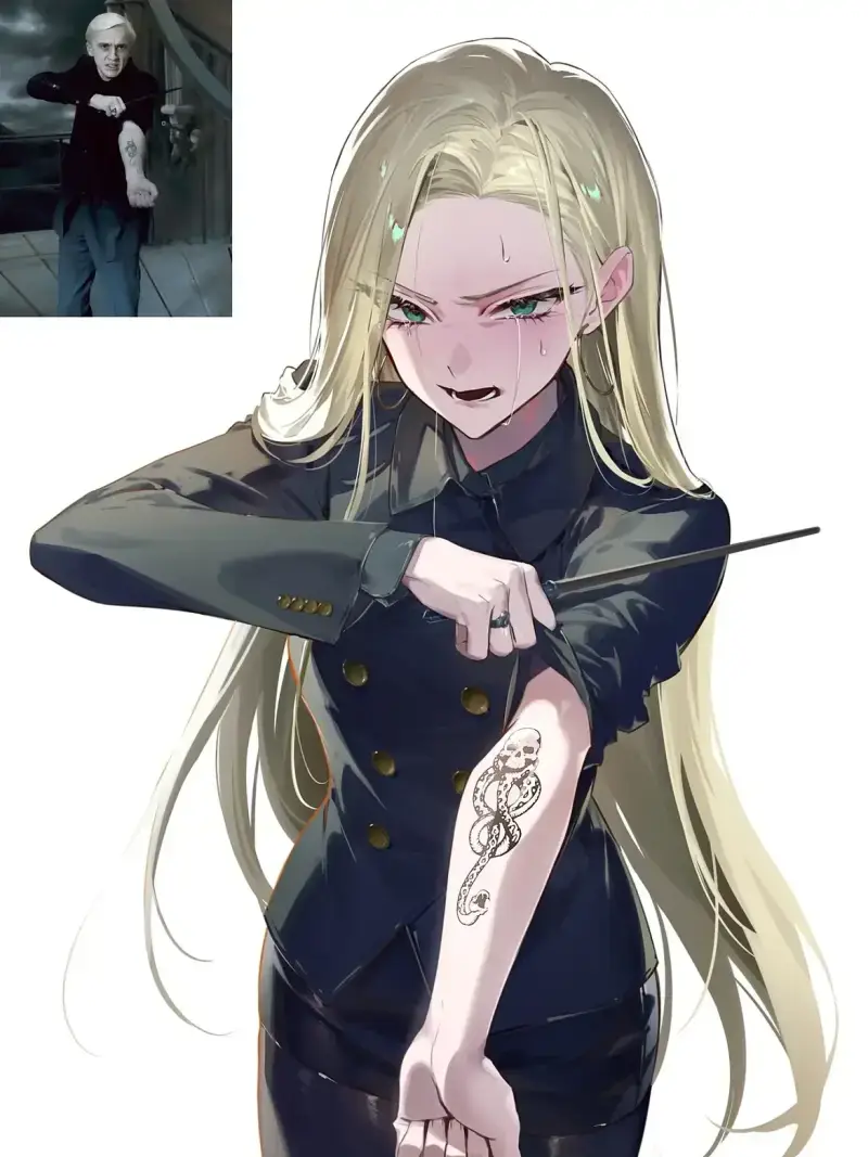 Drawings of scenes featuring a Female Draco Malfoid from the movies cr- take, gaueaul,