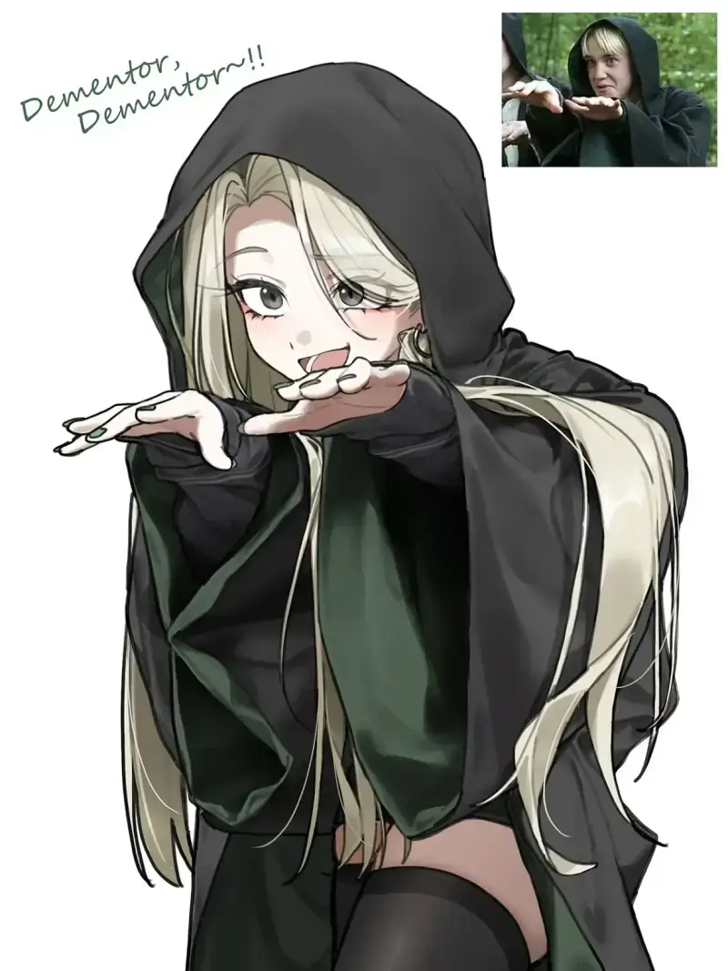 Drawings of scenes featuring a Female Draco Malfoid from the movies cr- take, gaueaul,