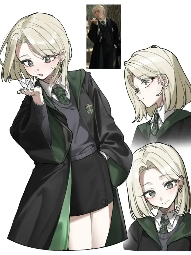 Drawings of scenes featuring a Female Draco Malfoid from the movies cr- take, gaueaul,