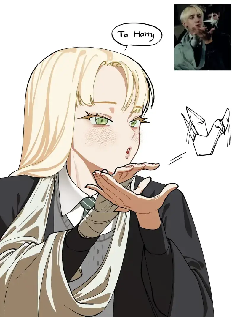 Drawings of scenes featuring a Female Draco Malfoid from the movies cr- take, gaueaul,