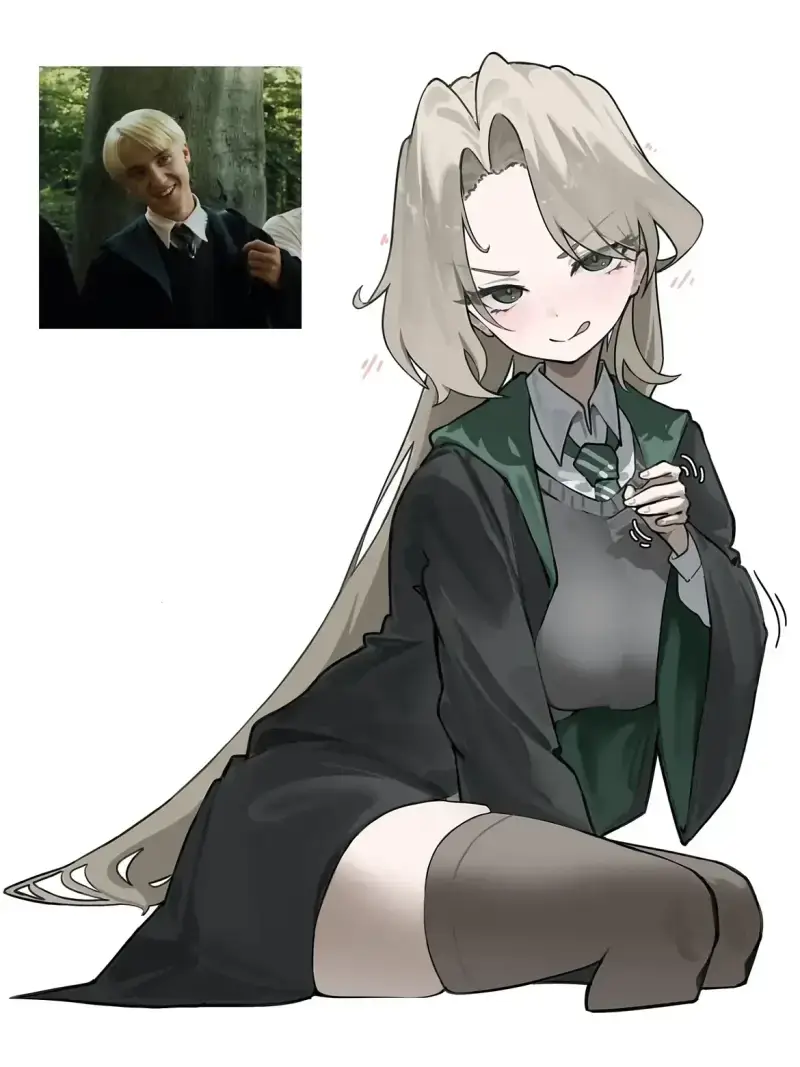 Drawings of scenes featuring a Female Draco Malfoid from the movies cr- take, gaueaul,
