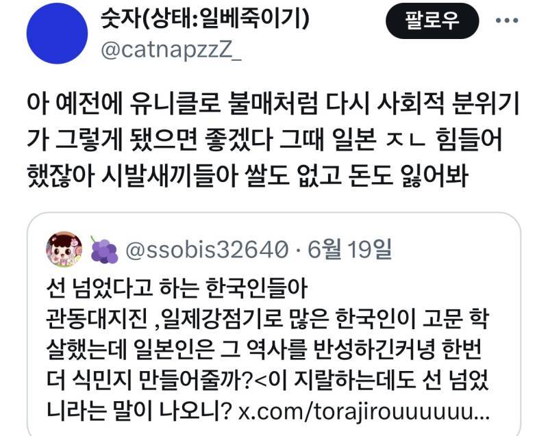 예전에 유니클로 불매처럼 다시 사회적 분위기가 그렇게 됐으면 좋겠다의 내용을 보여주는 이미지