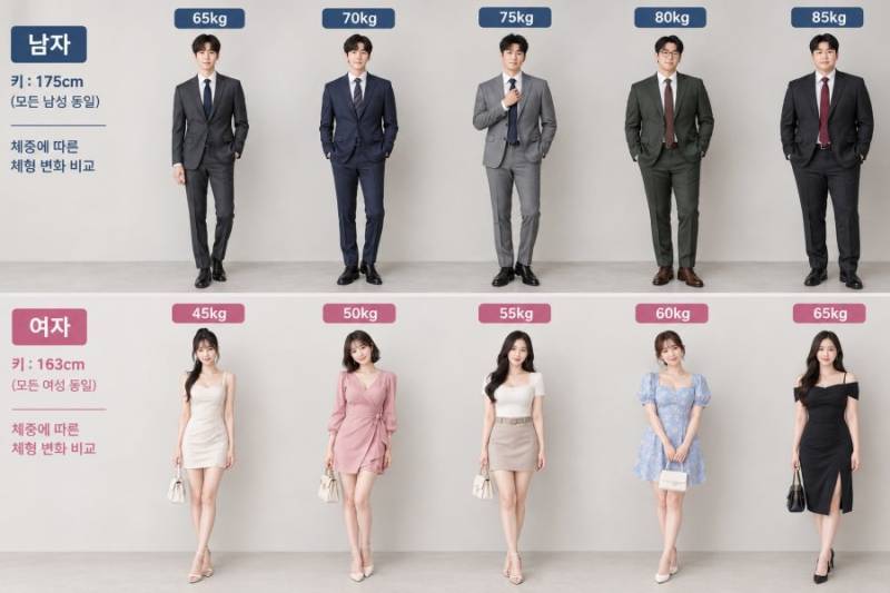 남녀 몸무게에 따른 체형 변화의 내용을 보여주는 이미지