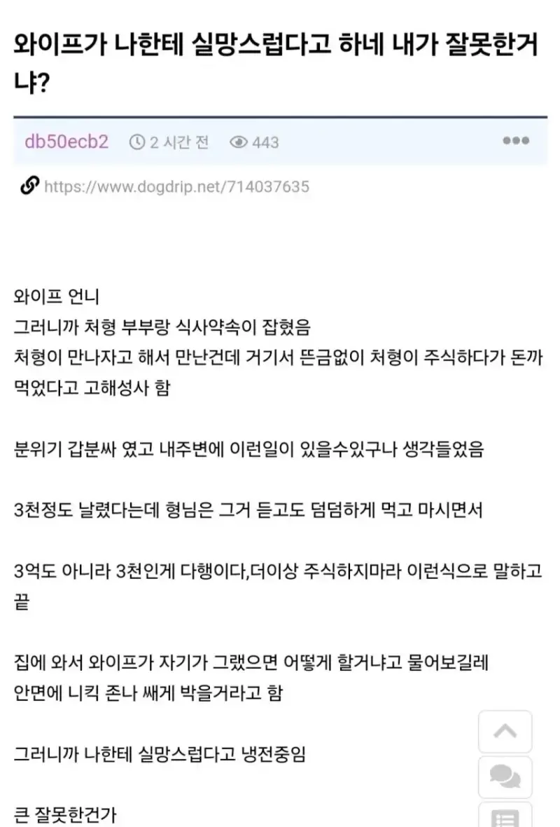 와이프가 나한테 실망스럽다고 하네의 내용을 보여주는 이미지