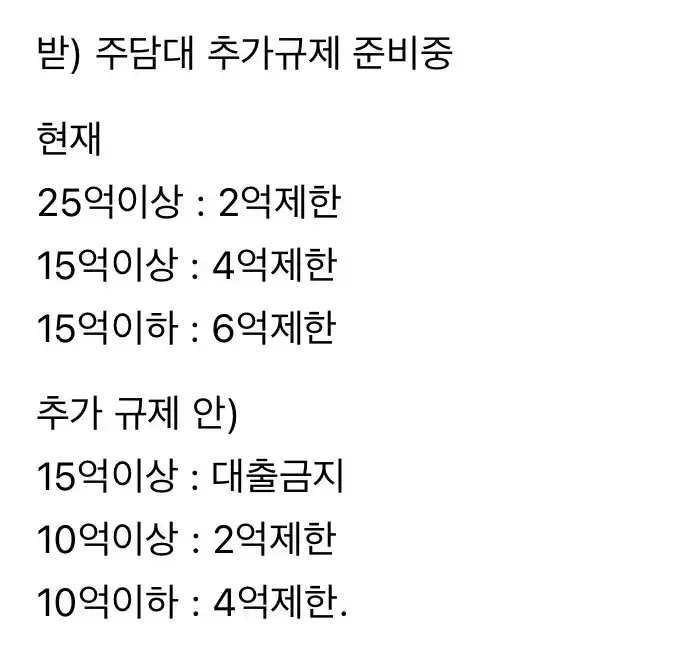 찌라시 도는 주담대 추가 규제의 내용을 보여주는 이미지
