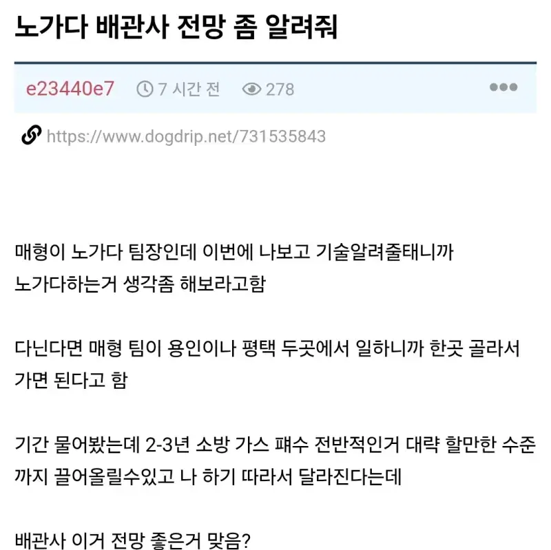 매형이 기술알려준다는데 배관사 전망 좀 알려줘의 내용을 보여주는 이미지