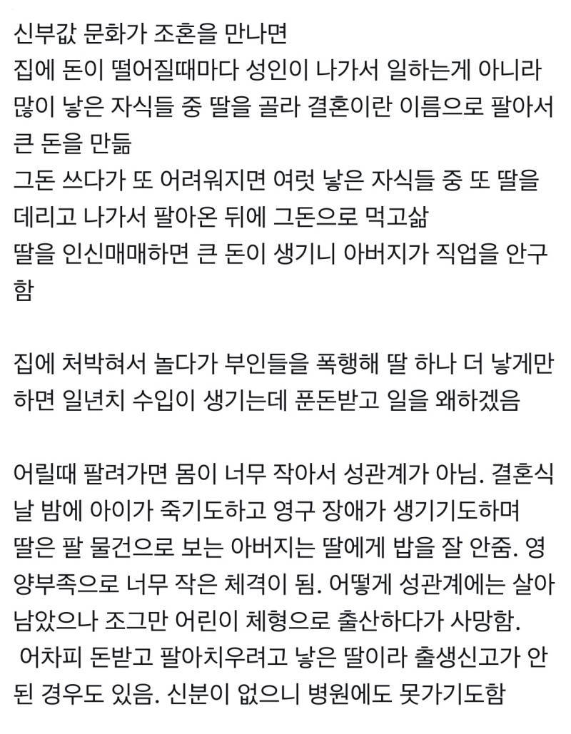 신부값 문화가 조혼을 만나면 나타나는 현상의 내용을 보여주는 이미지