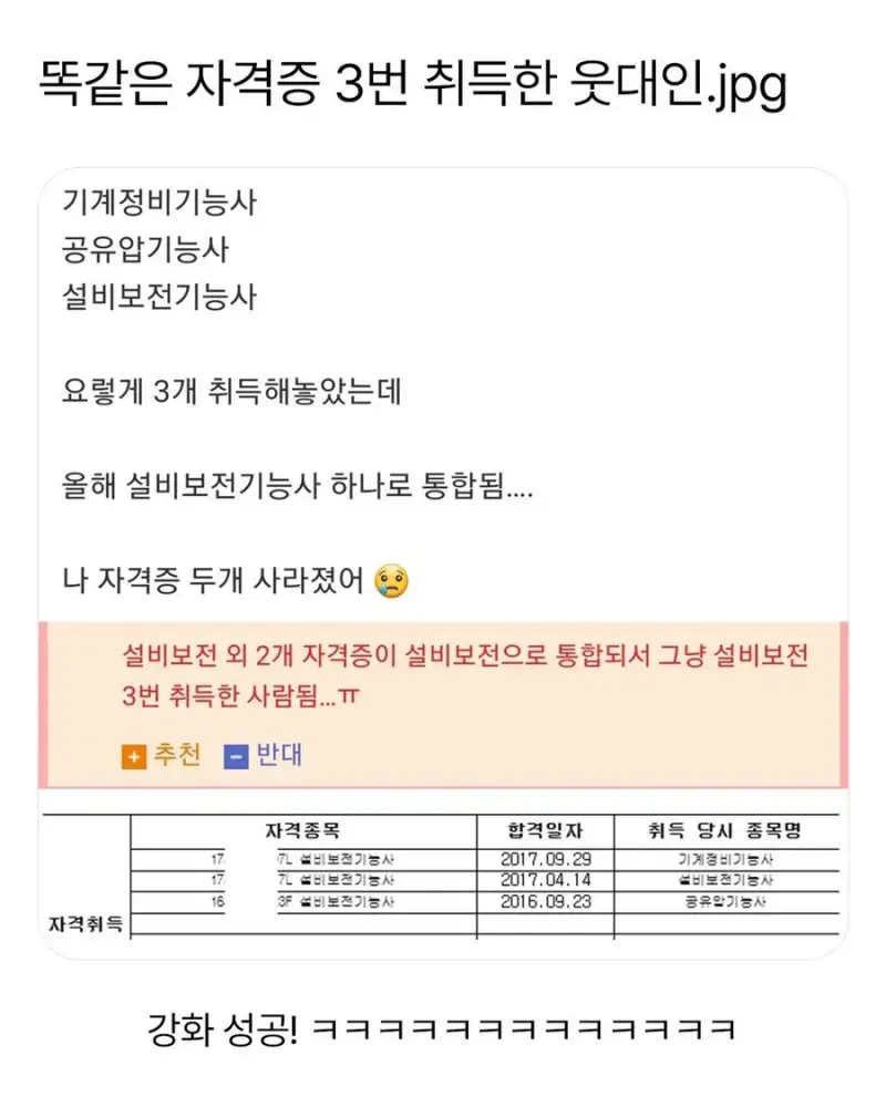 바보 같이 똑같은 자격증 3개 취득한 사람의 내용을 보여주는 이미지