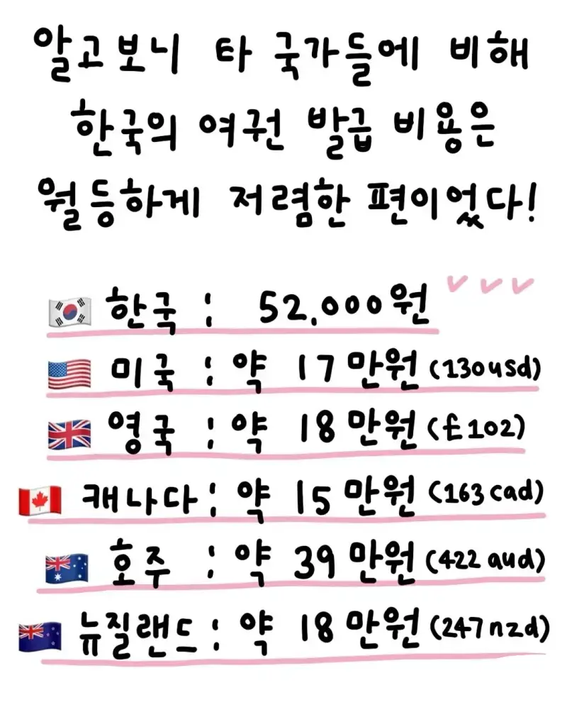 진짜 엄청 싼 한국 여권 발급 비용의 내용을 보여주는 이미지